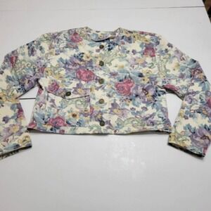 On The Verge Womens Jean Jacket Multicolor Retro Floral Waist Length Pockets M